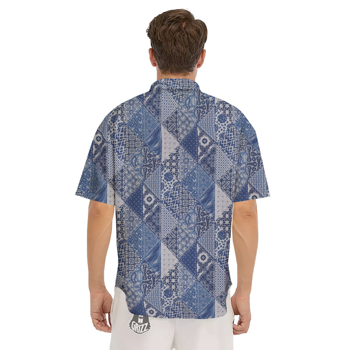 Denim Jeans Patchwork Print Pattern Men's Short Sleeve Shirts-grizzshop