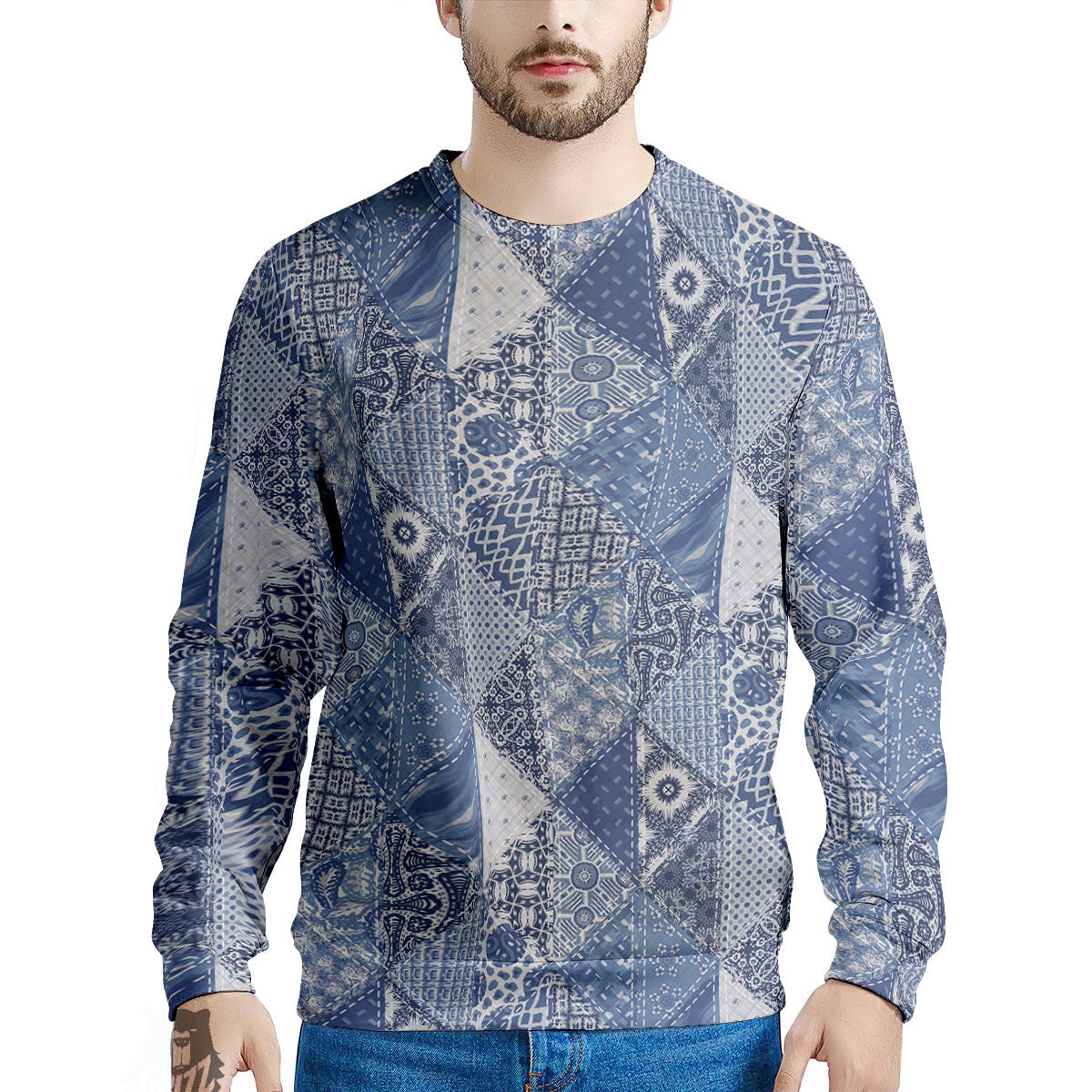 Denim Jeans Patchwork Print Pattern Men's Sweatshirt-grizzshop
