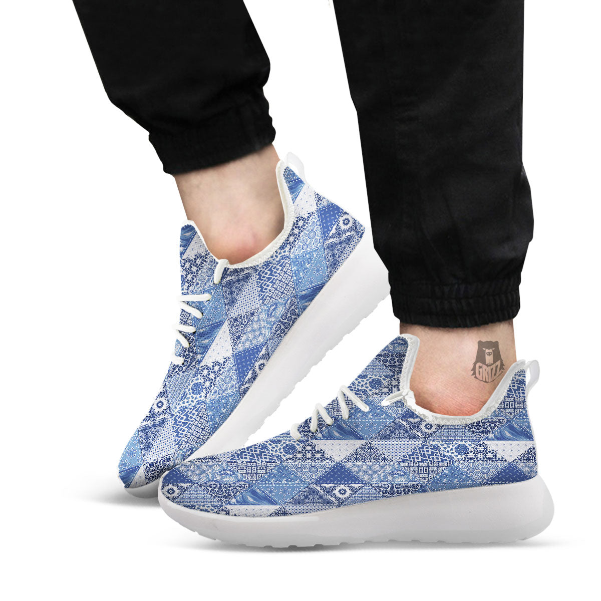 Denim Jeans Patchwork Print Pattern White Athletic Shoes-grizzshop