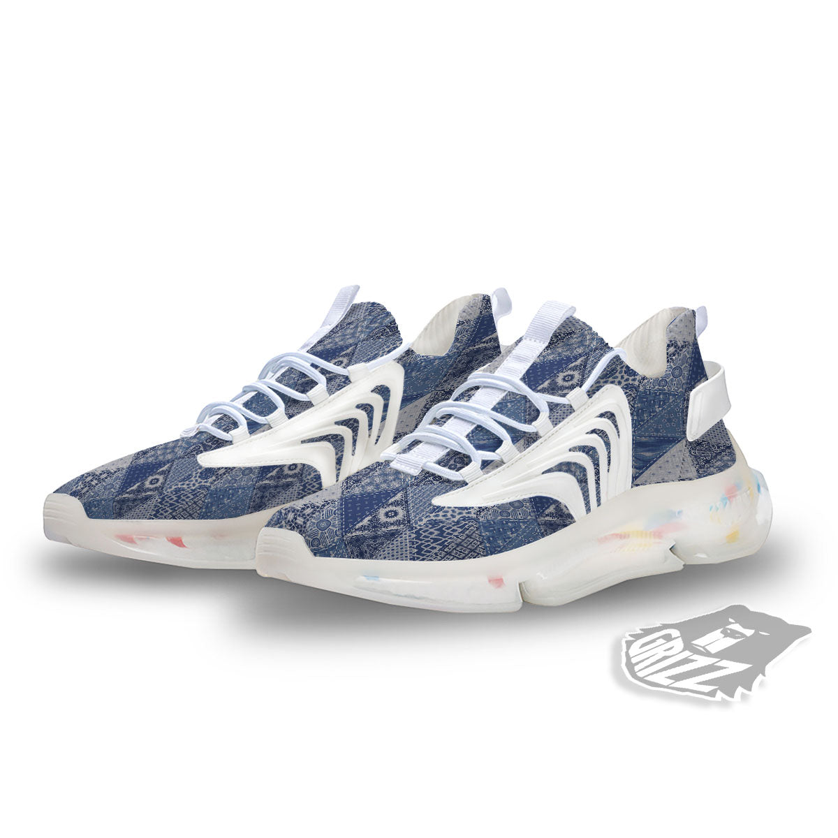 Denim Jeans Patchwork Print Pattern White Gym Shoes-grizzshop