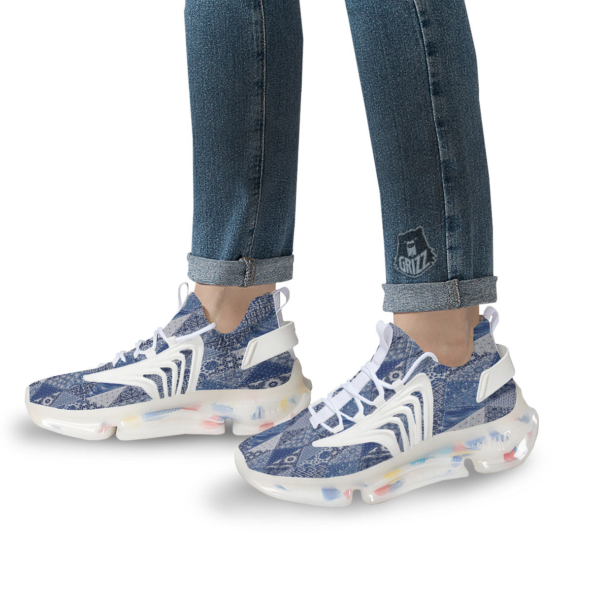 Denim Jeans Patchwork Print Pattern White Gym Shoes-grizzshop