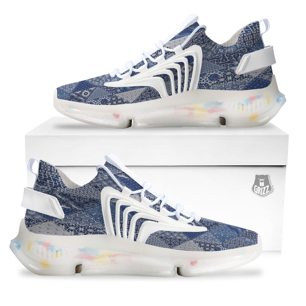 Denim Jeans Patchwork Print Pattern White Gym Shoes-grizzshop