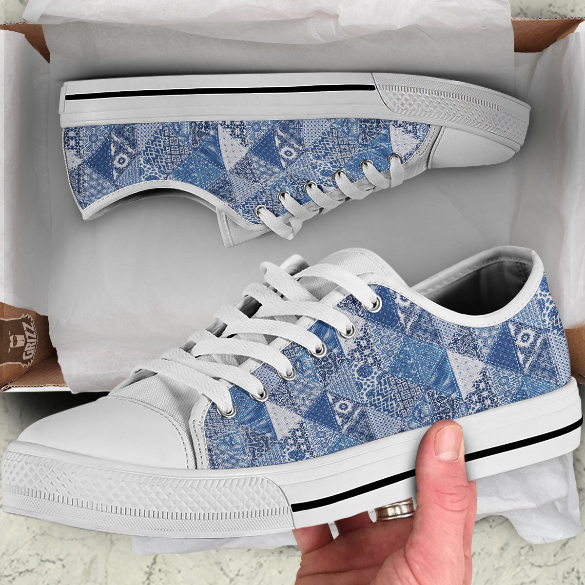 Denim Jeans Patchwork Print Pattern White Low Top Shoes-grizzshop