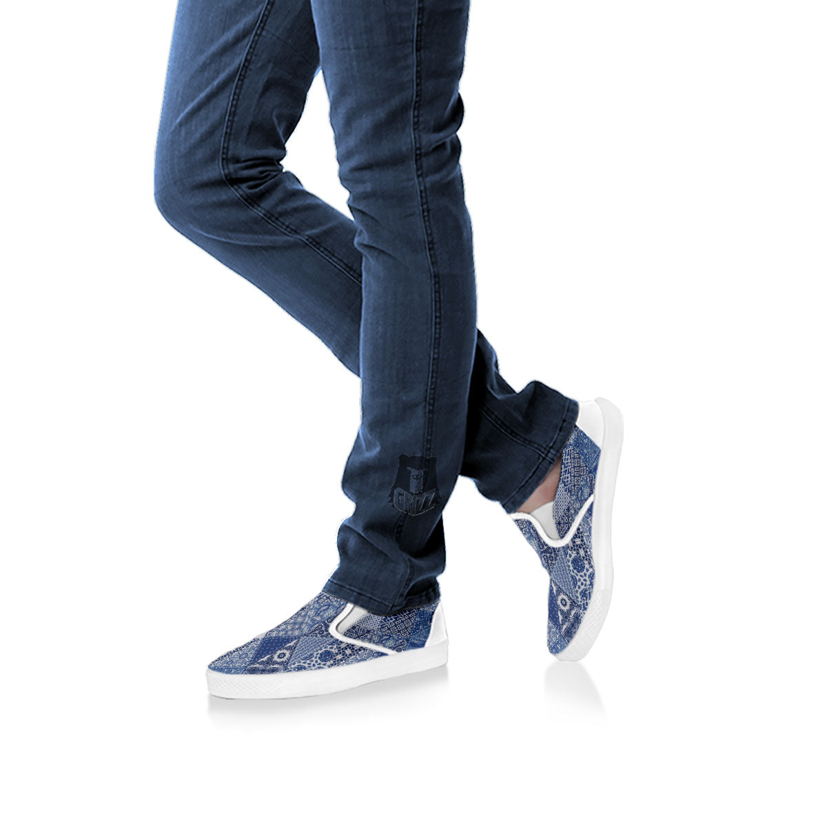 Denim Jeans Patchwork Print Pattern White Slip On Shoes-grizzshop