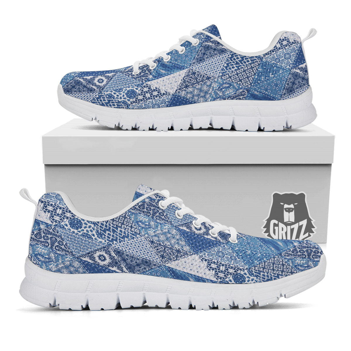 Denim Jeans Patchwork Print Pattern White Sneaker-grizzshop