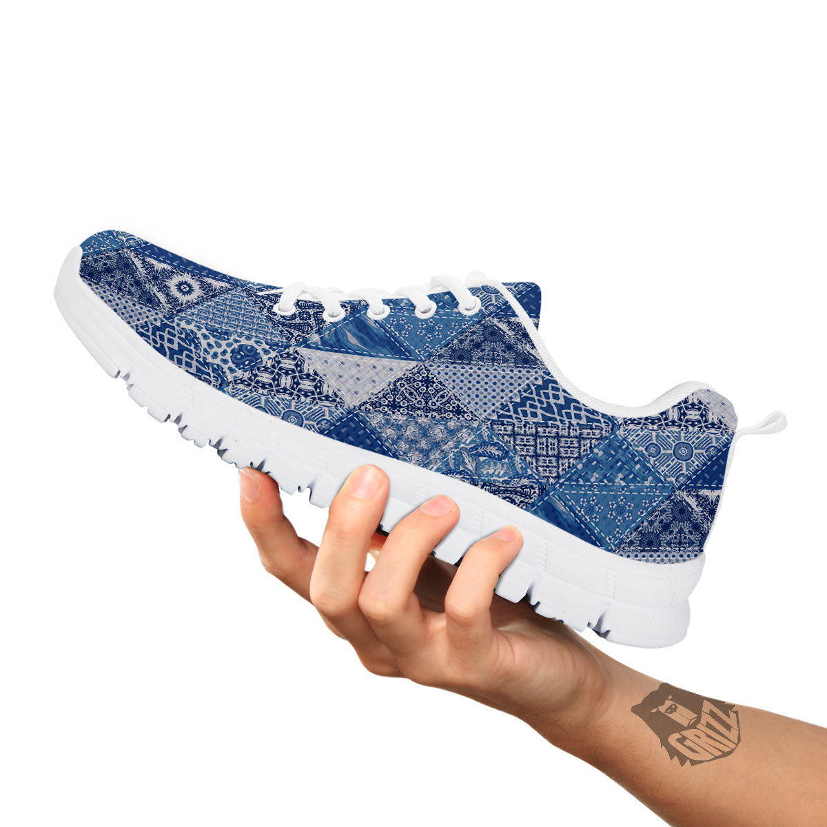 Denim Jeans Patchwork Print Pattern White Sneaker-grizzshop