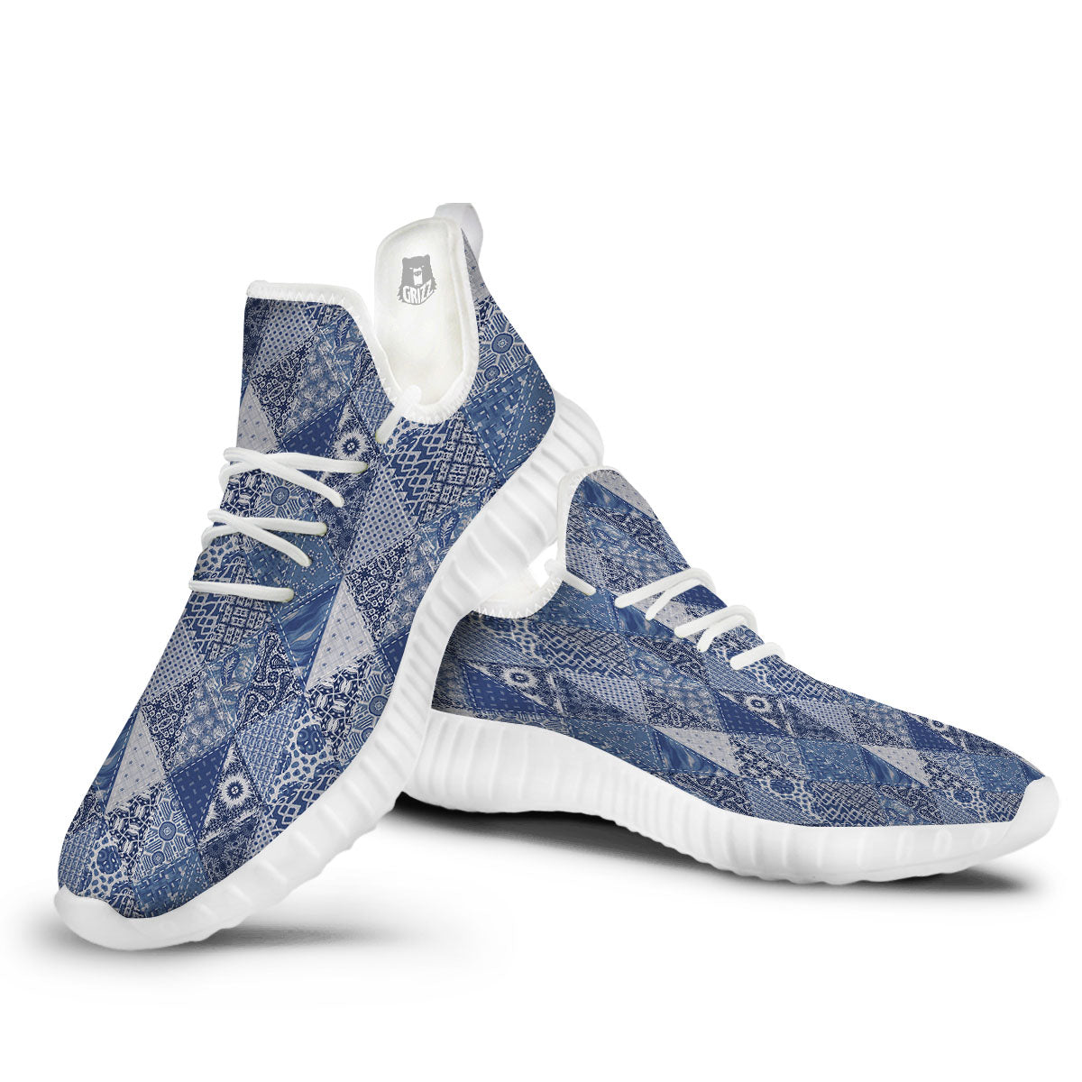 Denim Jeans Patchwork Print Pattern White Walking Shoes-grizzshop