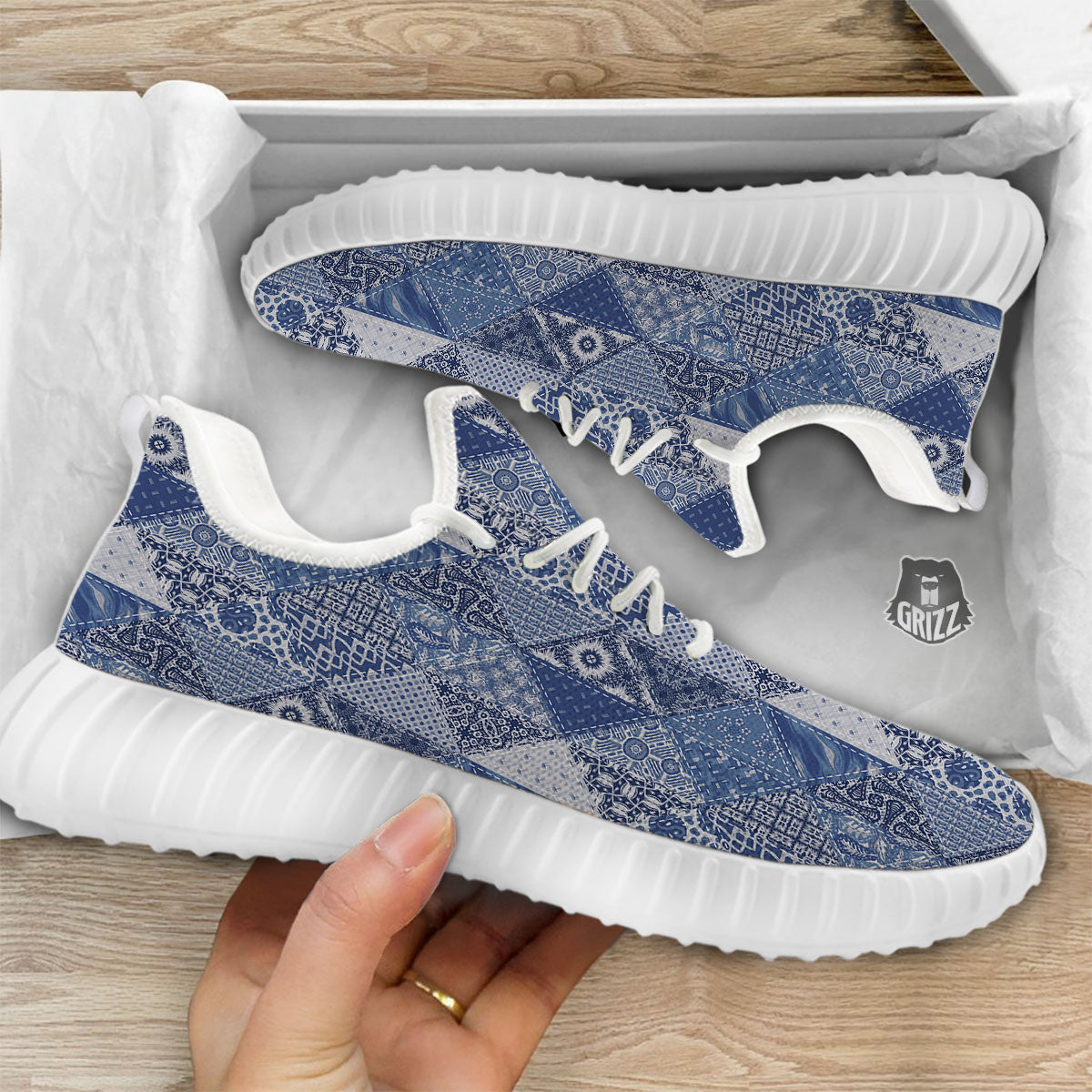Denim Jeans Patchwork Print Pattern White Walking Shoes-grizzshop