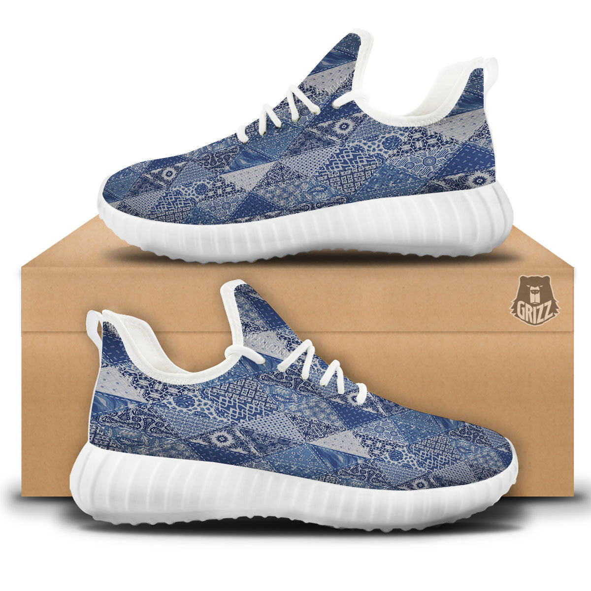 Denim Jeans Patchwork Print Pattern White Walking Shoes-grizzshop