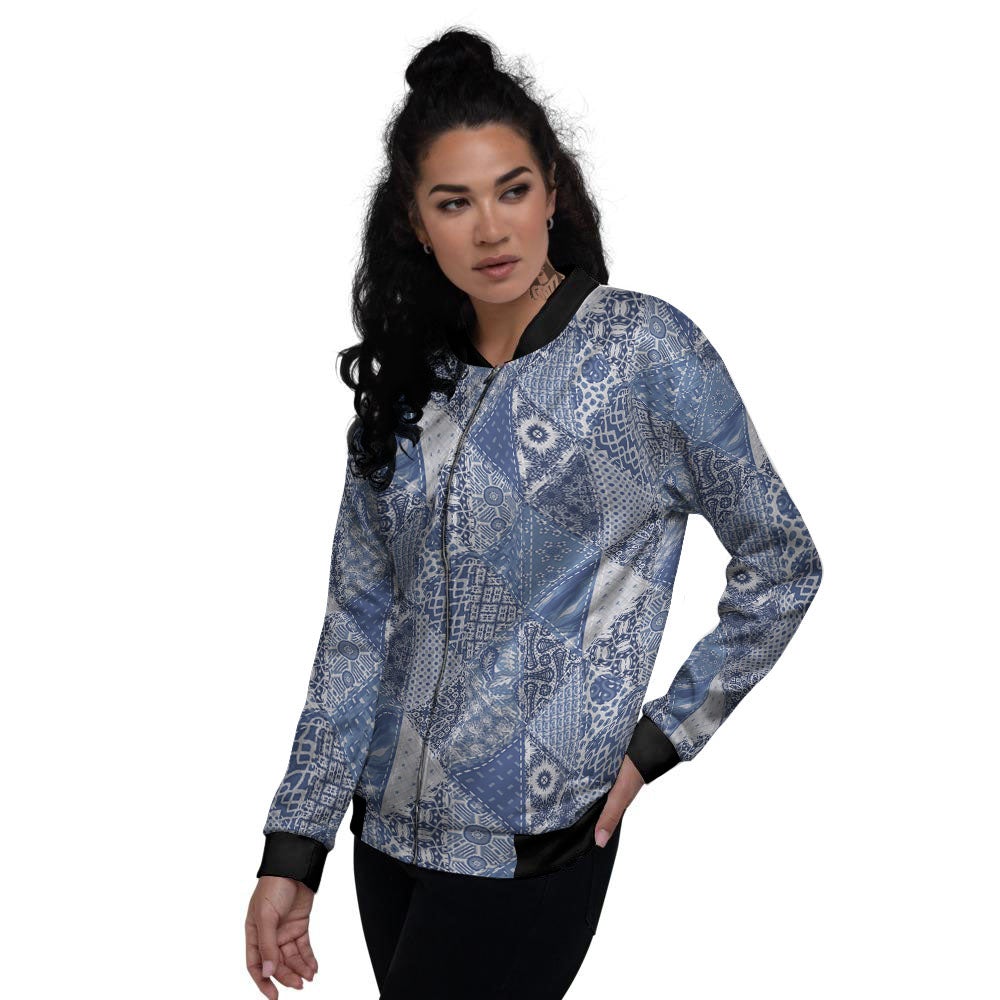 Denim Jeans Patchwork Print Pattern Women's Bomber Jacket-grizzshop