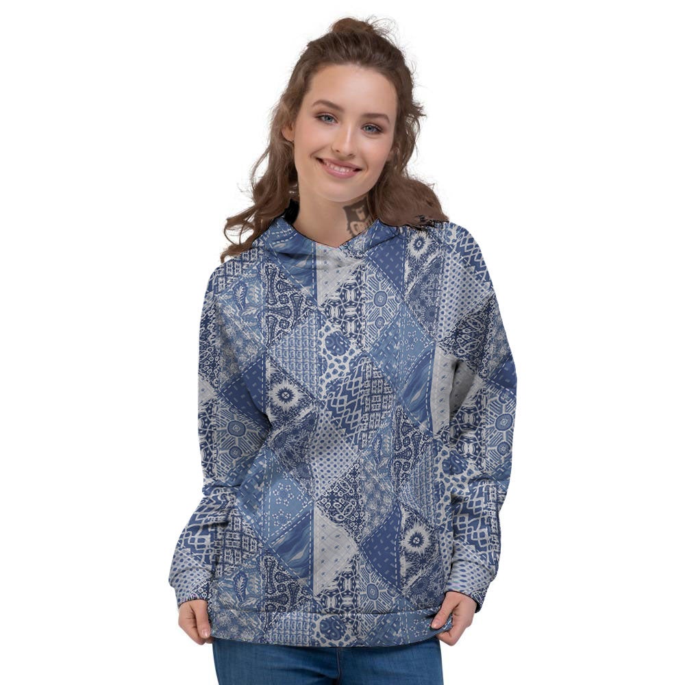 Denim Jeans Patchwork Print Pattern Women's Hoodie-grizzshop