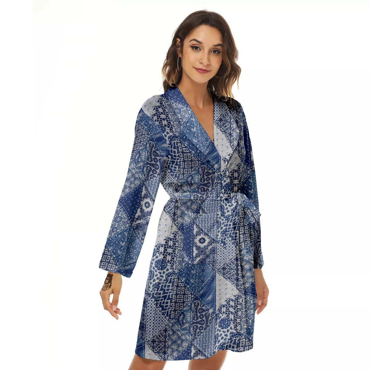 Denim Jeans Patchwork Print Pattern Women's Robe-grizzshop