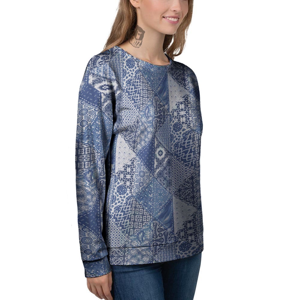 Denim Jeans Patchwork Print Pattern Women's Sweatshirt-grizzshop