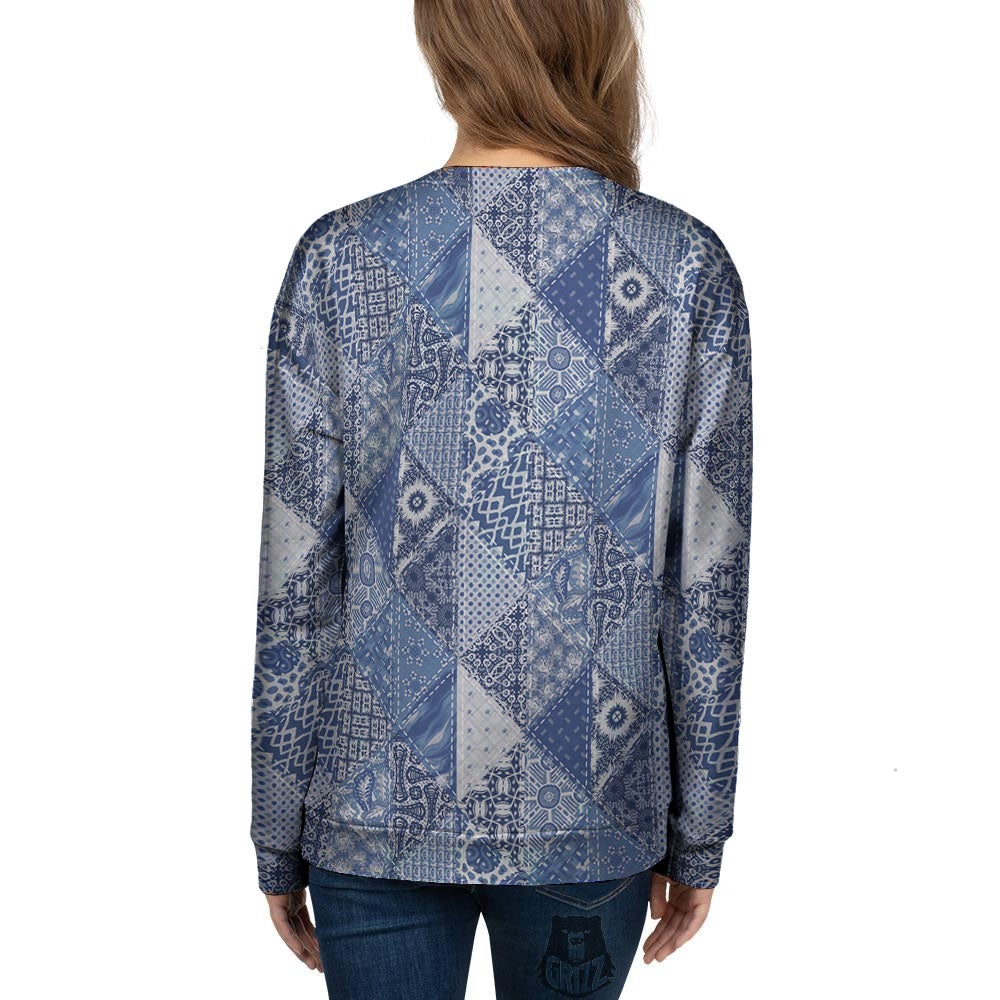 Denim Jeans Patchwork Print Pattern Women's Sweatshirt-grizzshop