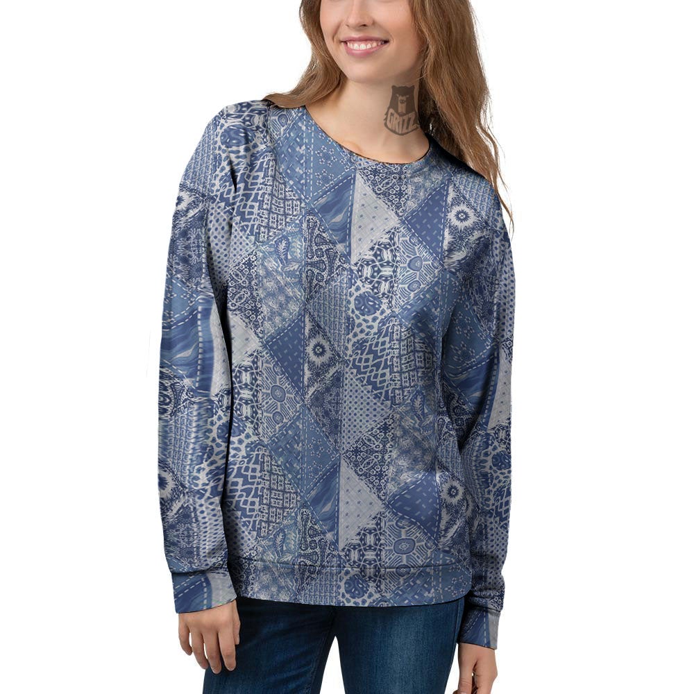 Denim Jeans Patchwork Print Pattern Women's Sweatshirt-grizzshop