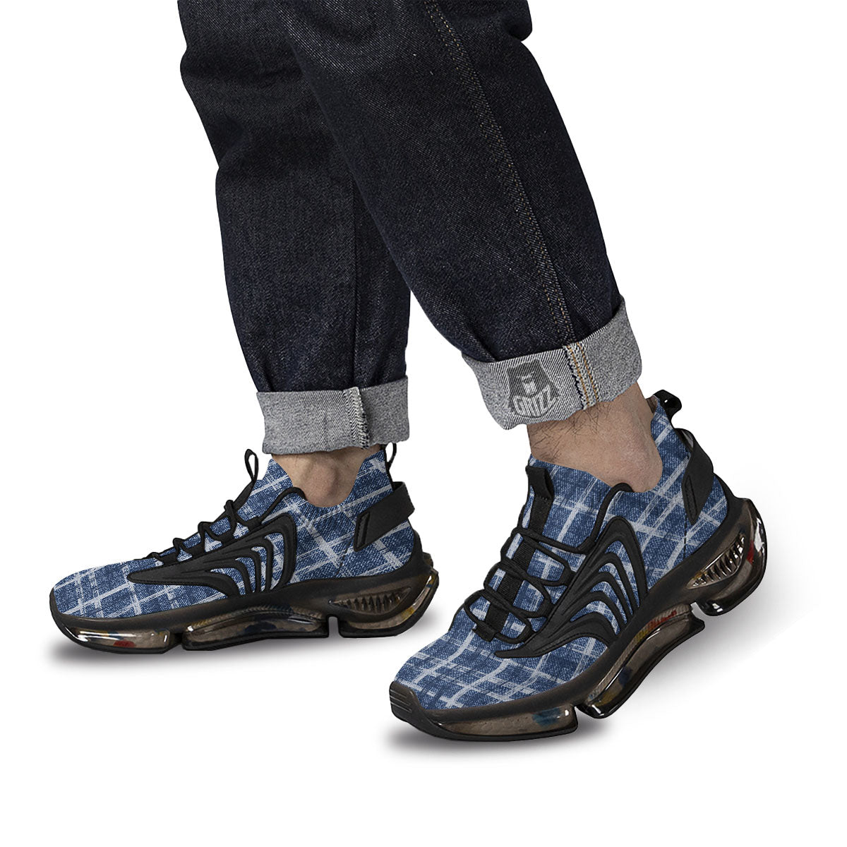 Denim Jeans Plaid Print Pattern Black Gym Shoes-grizzshop