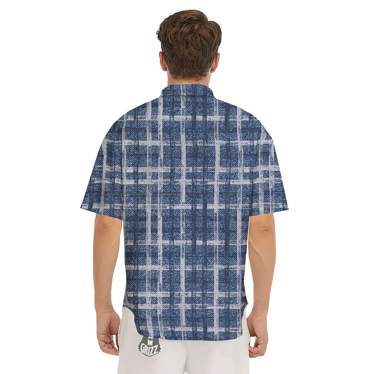 Denim Jeans Plaid Print Pattern Men's Short Sleeve Shirts-grizzshop