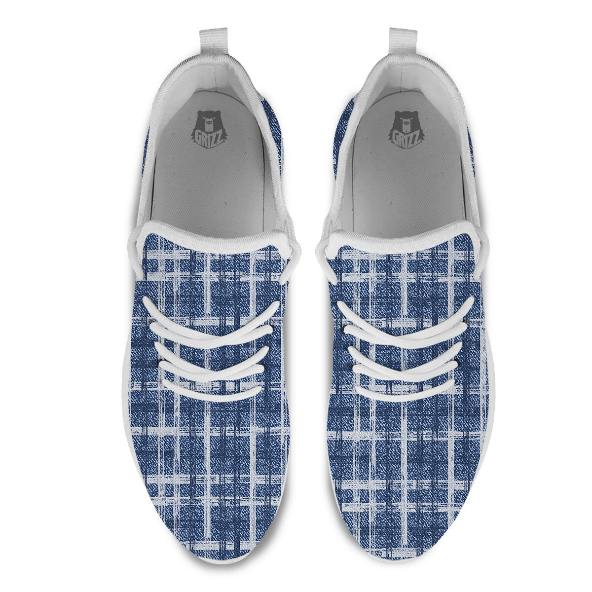 Denim Jeans Plaid Print Pattern White Athletic Shoes-grizzshop