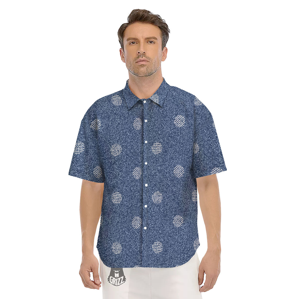 Denim Jeans Polka Dot Print Pattern Men's Short Sleeve Shirts-grizzshop