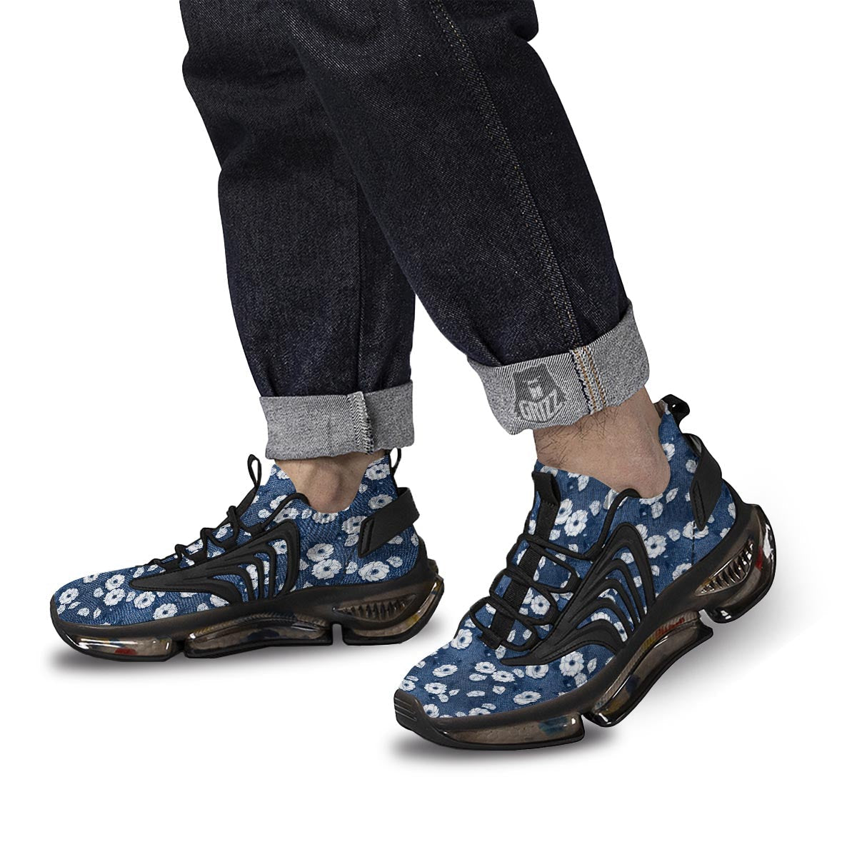 Denim Jeans Rose Print Pattern Black Gym Shoes-grizzshop