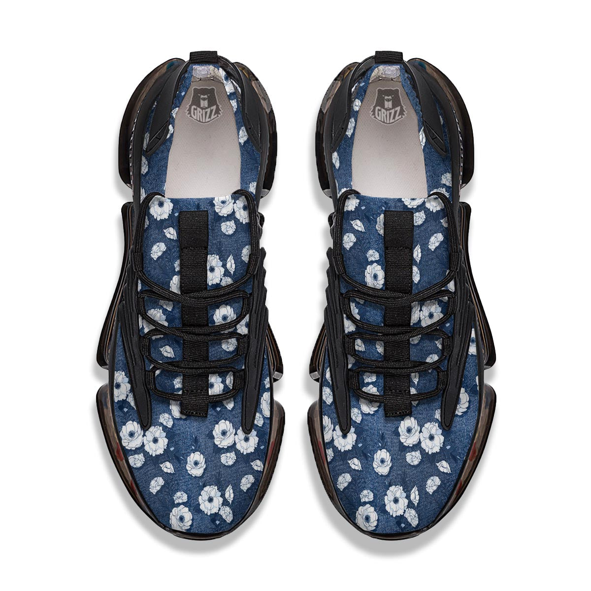 Denim Jeans Rose Print Pattern Black Gym Shoes-grizzshop