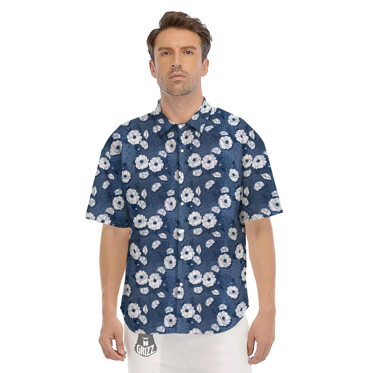 Denim Jeans Rose Print Pattern Men's Short Sleeve Shirts-grizzshop