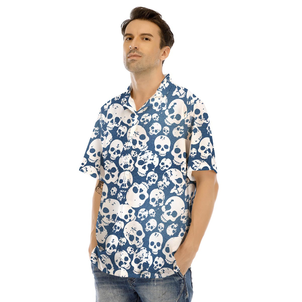 Denim Jeans Skull Print Pattern Men's Hawaiian Shirt-grizzshop