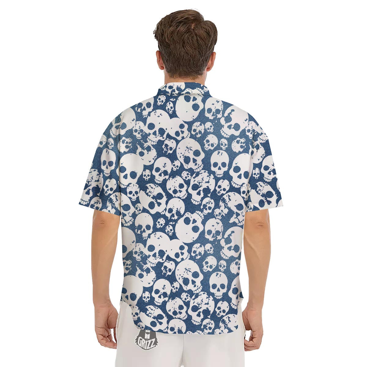 Denim Jeans Skull Print Pattern Men's Short Sleeve Shirts-grizzshop