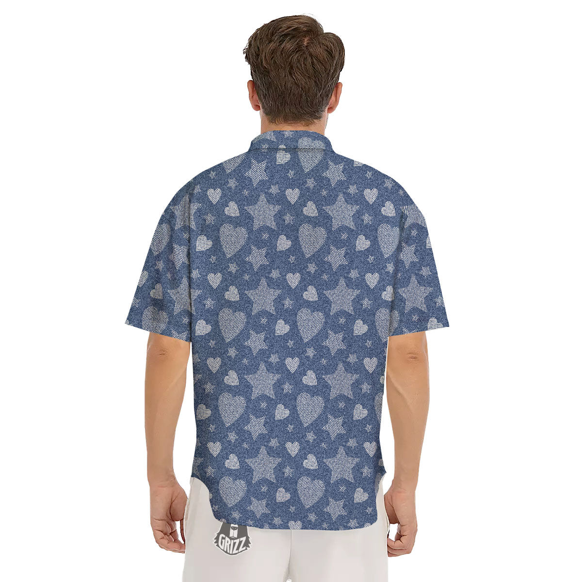 Denim Star Jeans And Heart Print Pattern Men's Short Sleeve Shirts-grizzshop