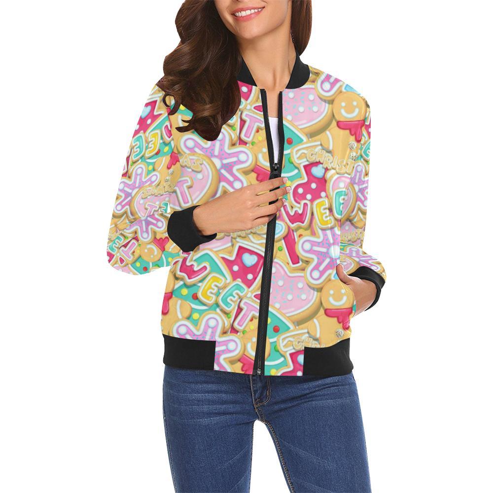 Dessert Gingerbread Man Chirstmas Pattern Print Women Casual Bomber Jacket-grizzshop