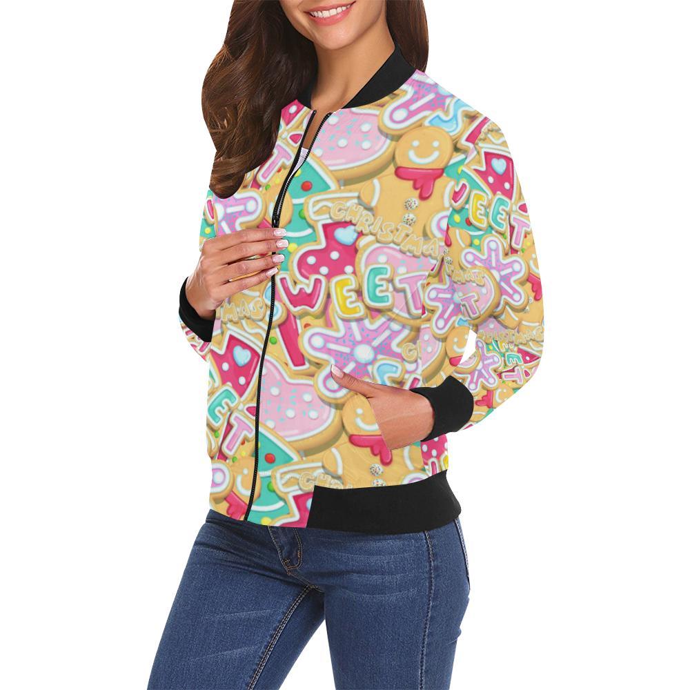 Dessert Gingerbread Man Chirstmas Pattern Print Women Casual Bomber Jacket-grizzshop