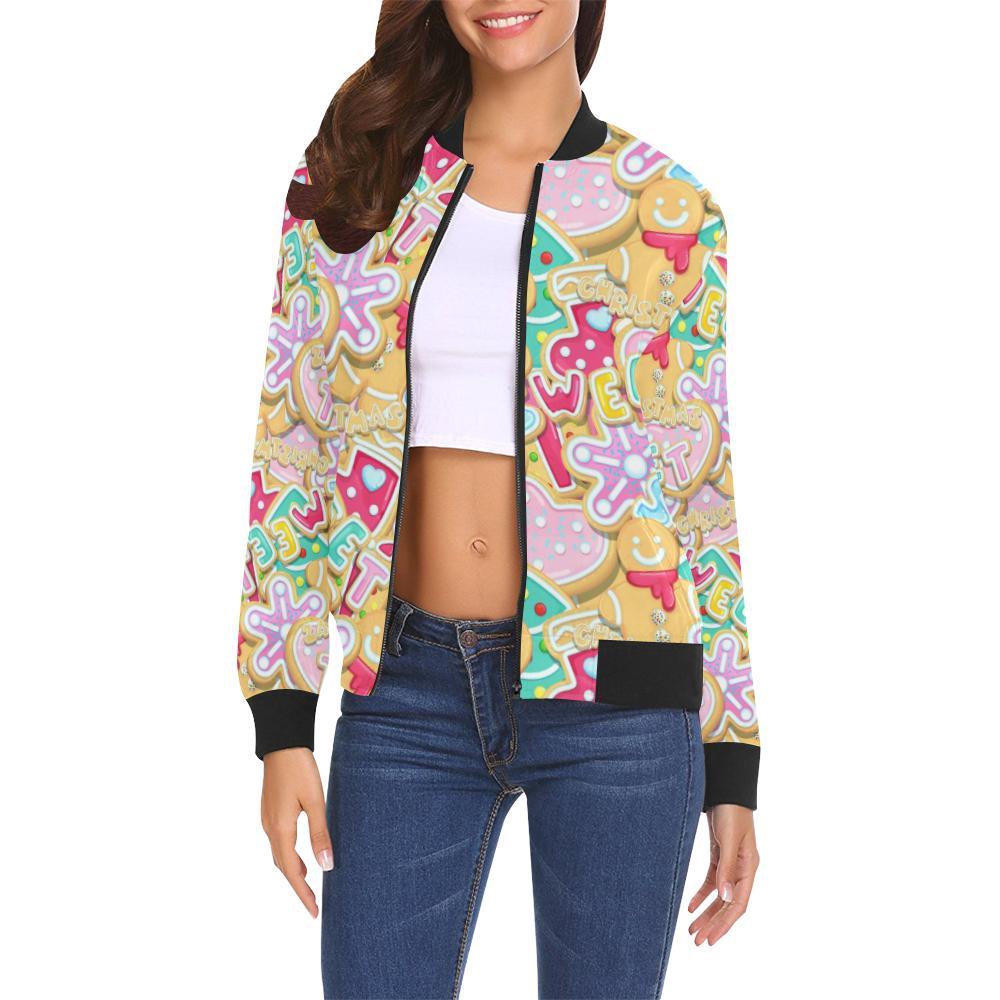 Dessert Gingerbread Man Chirstmas Pattern Print Women Casual Bomber Jacket-grizzshop