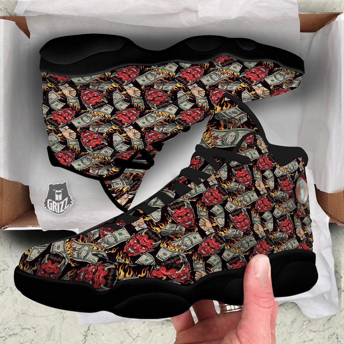 Devil And Dollar Print Pattern Black Basketball Shoes-grizzshop