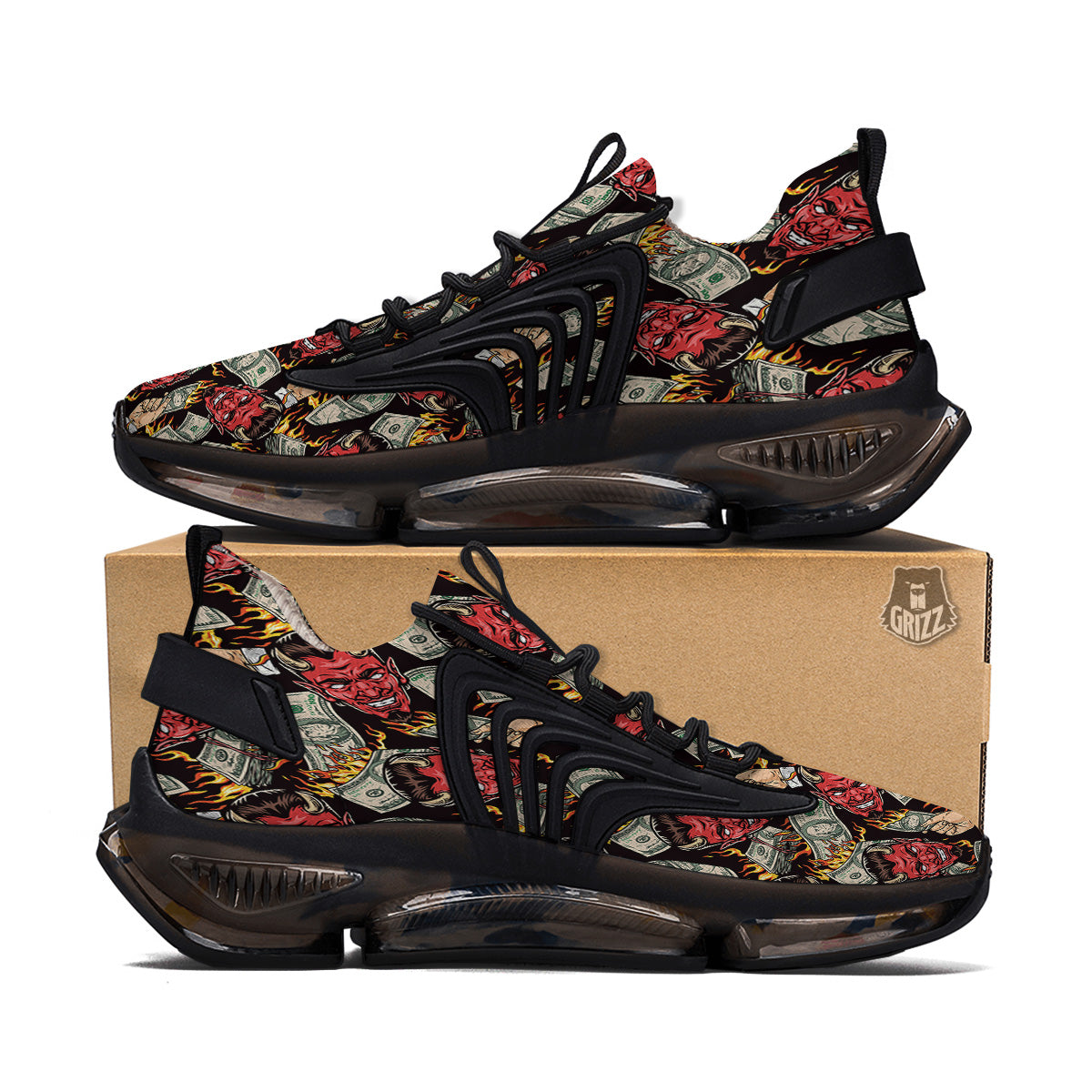 Devil And Dollar Print Pattern Black Gym Shoes-grizzshop