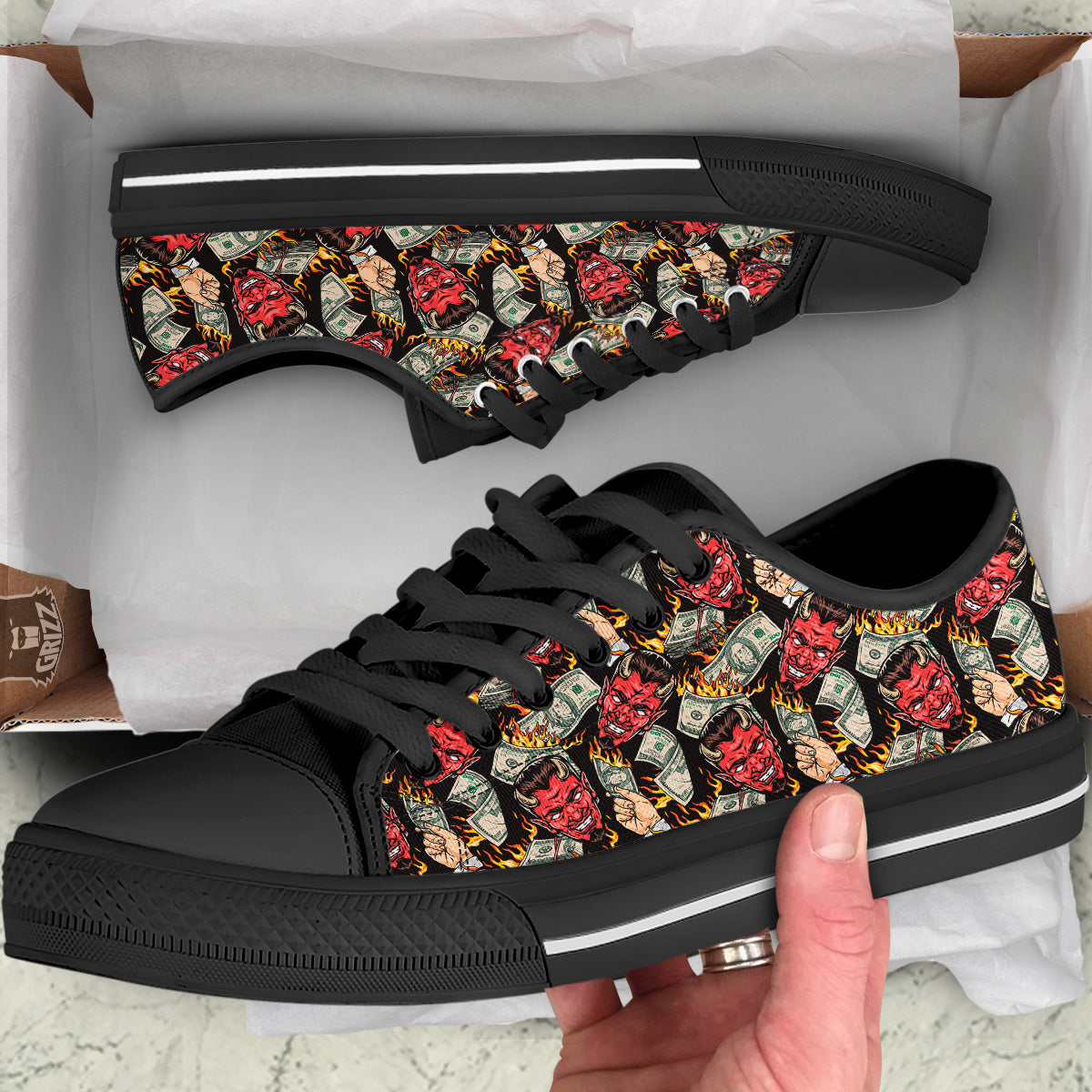 Devil And Dollar Print Pattern Black Low Top Shoes-grizzshop