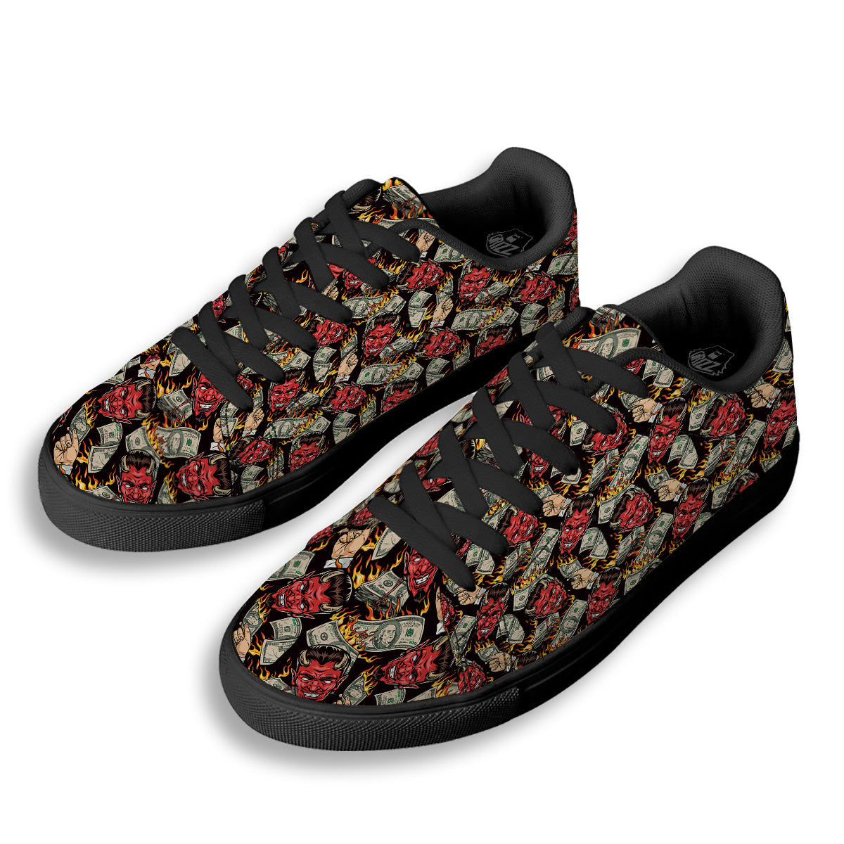 Devil And Dollar Print Pattern Black Low Top Sneakers-grizzshop