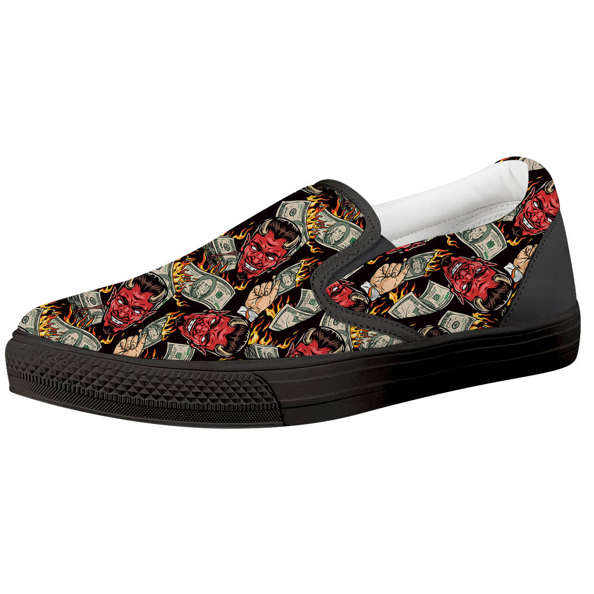 Devil And Dollar Print Pattern Black Slip On Shoes-grizzshop