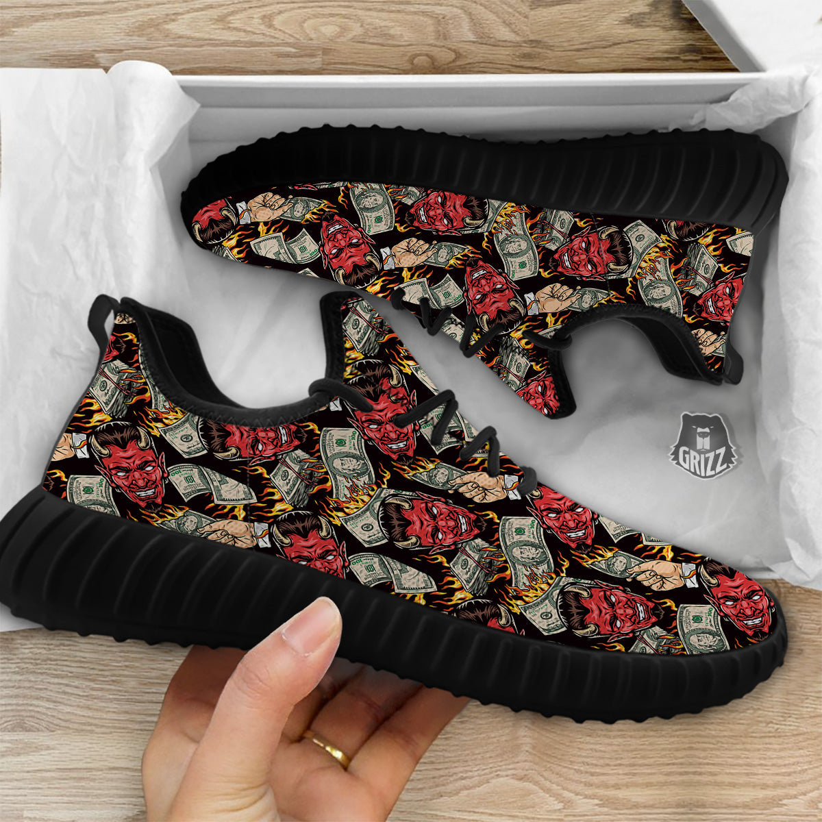 Devil And Dollar Print Pattern Black Walking Shoes-grizzshop