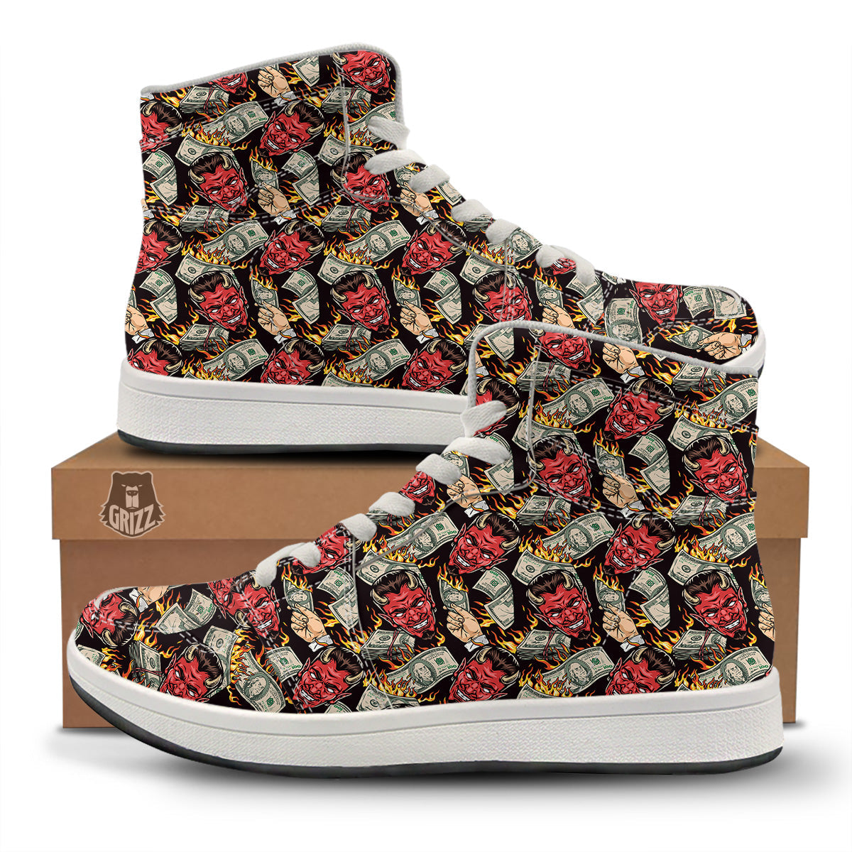 Devil And Dollar Print Pattern High Top Sneakers-grizzshop