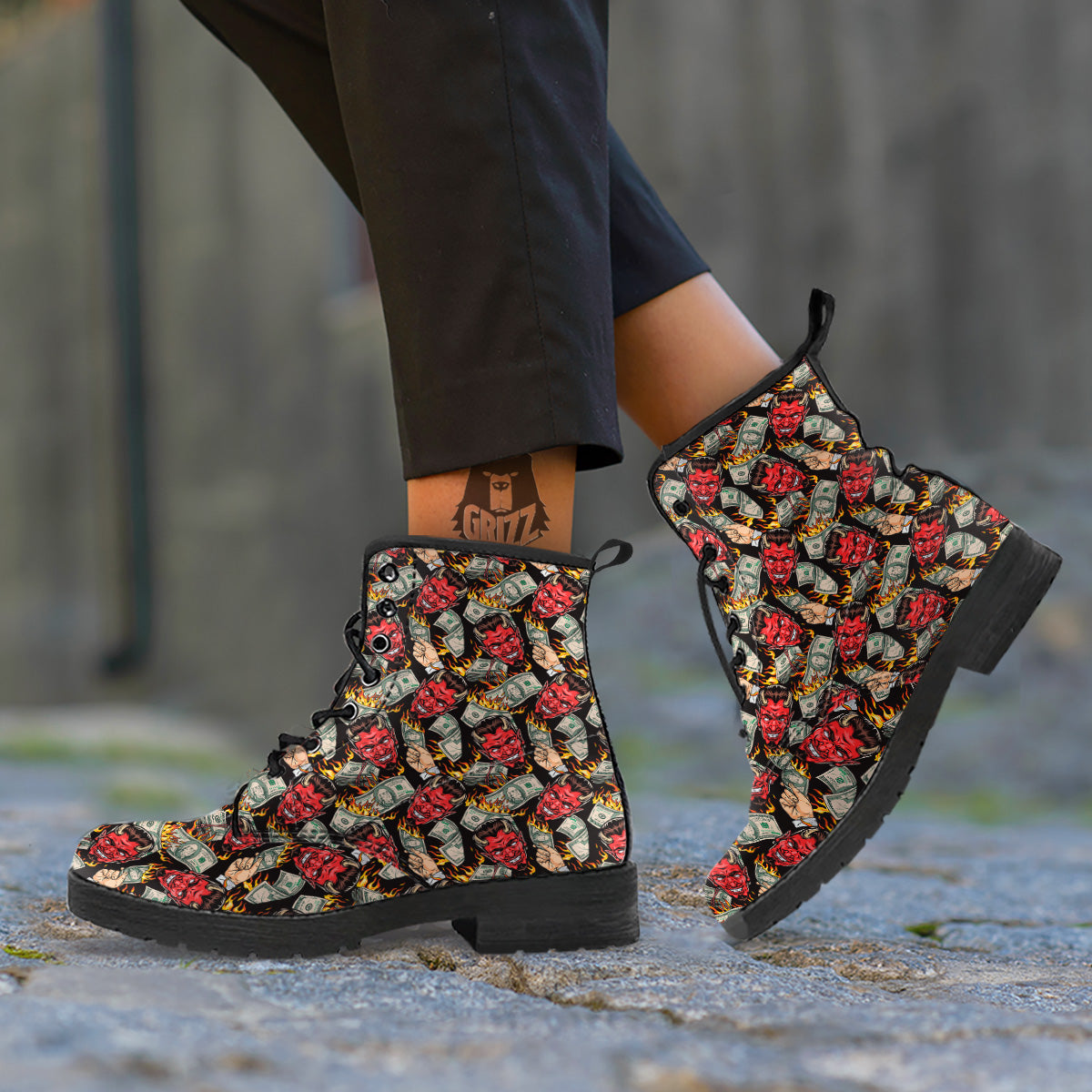 Devil And Dollar Print Pattern Leather Boots-grizzshop