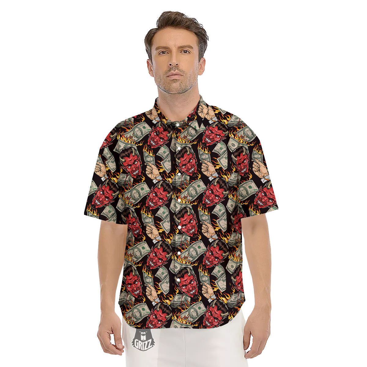 Devil And Dollar Print Pattern Men's Short Sleeve Shirts-grizzshop