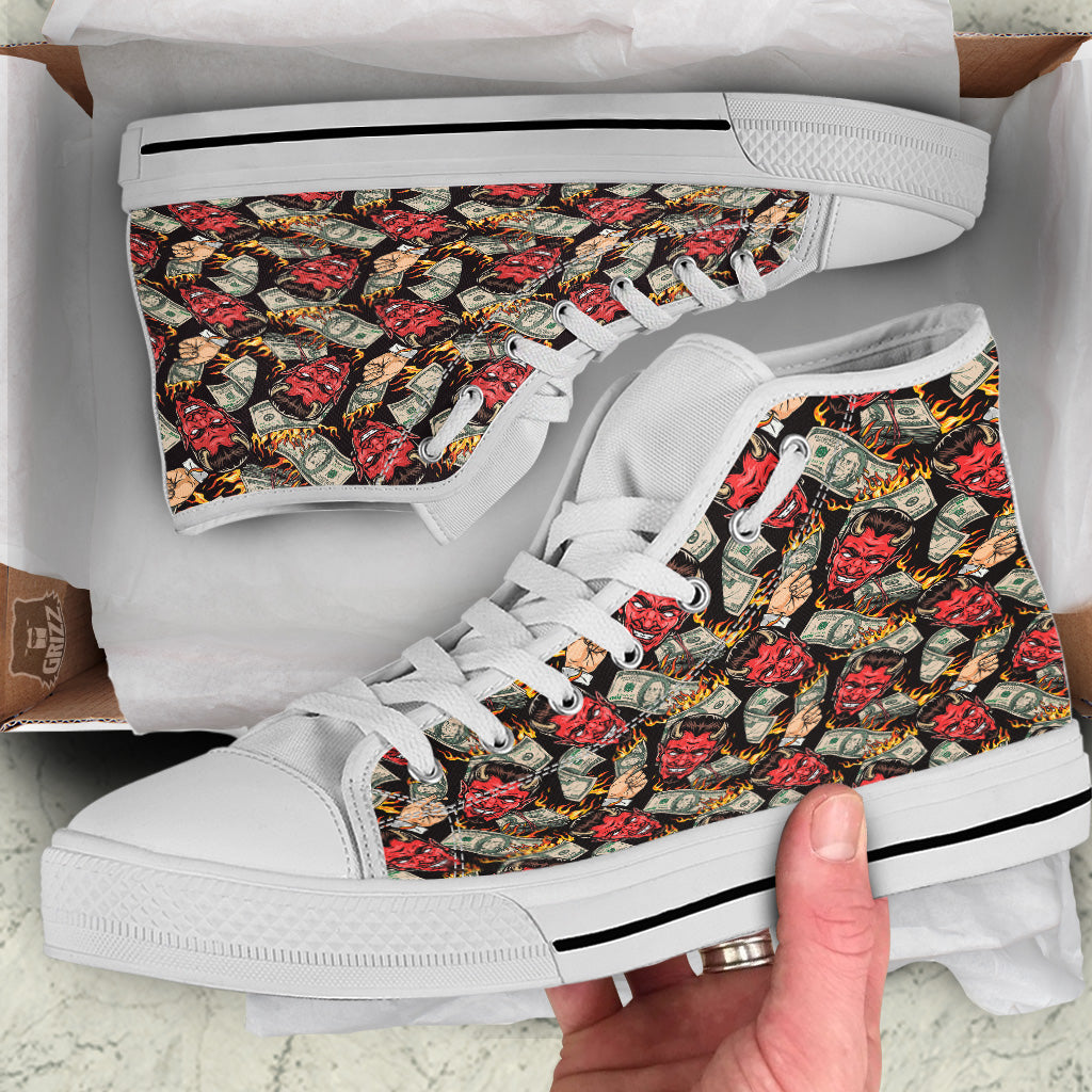 Devil And Dollar Print Pattern White High Top Shoes-grizzshop