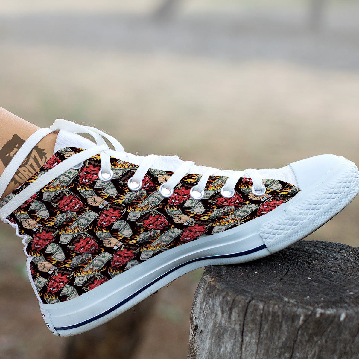Devil And Dollar Print Pattern White High Top Shoes-grizzshop