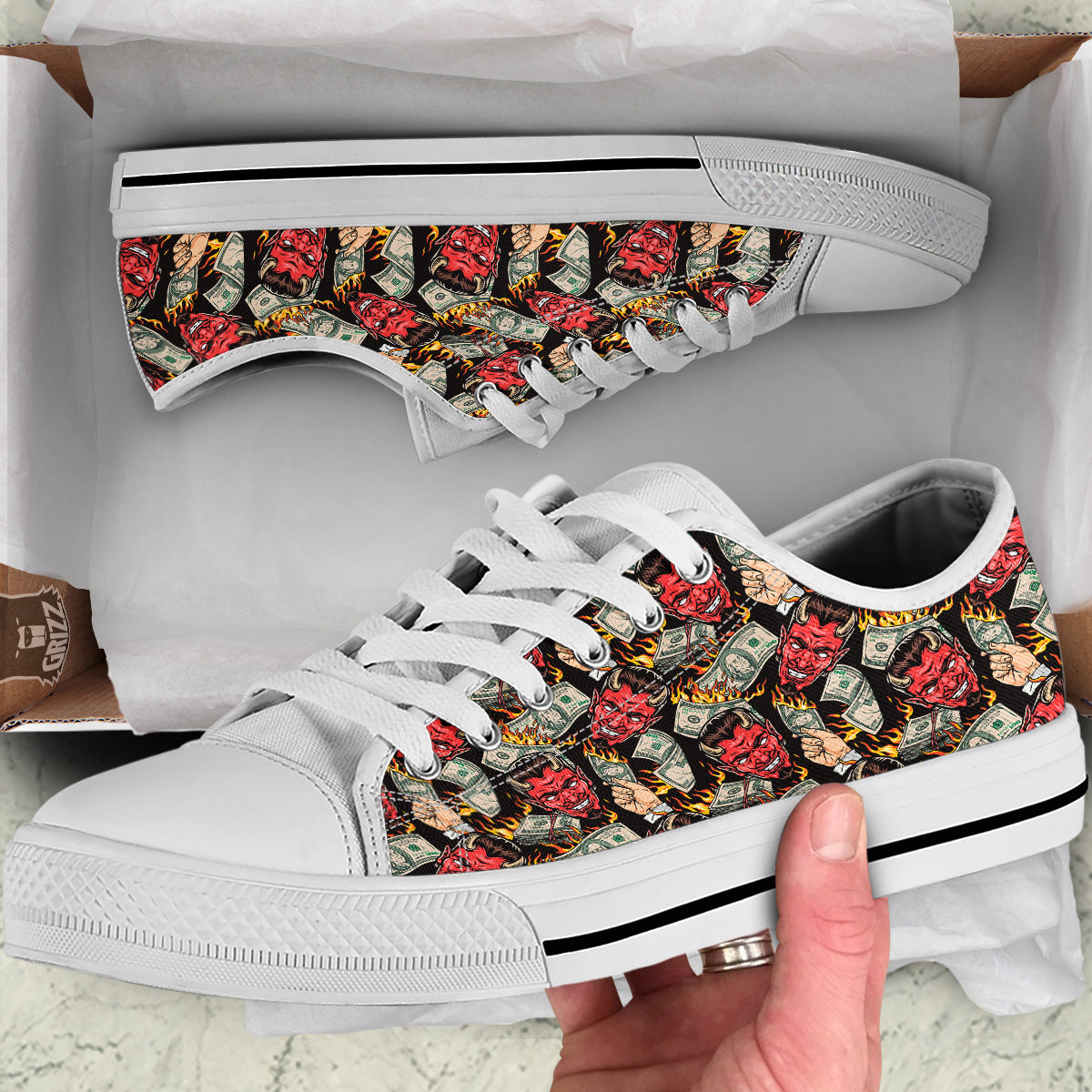 Devil And Dollar Print Pattern White Low Top Shoes-grizzshop