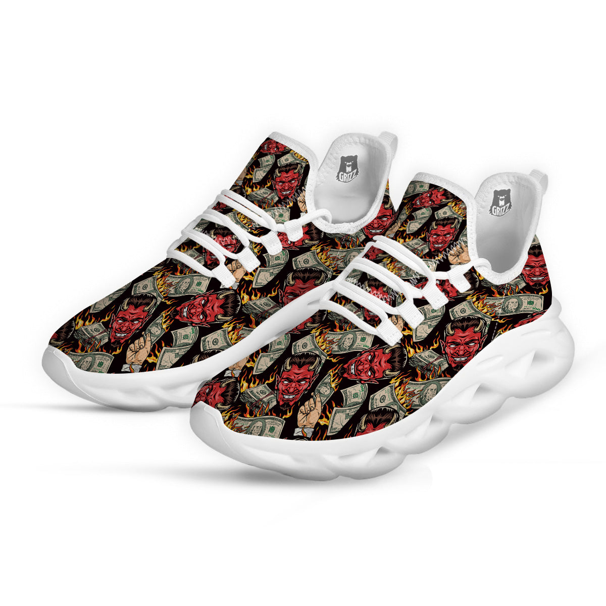 Devil And Dollar Print Pattern White Running Shoes-grizzshop