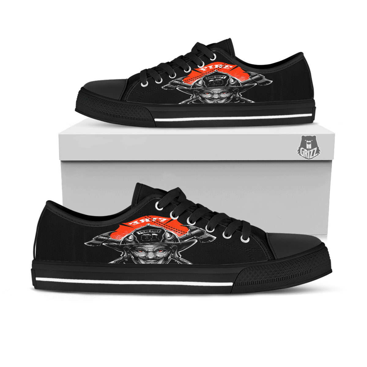 Devil Firefighter Print Black Low Top Shoes-grizzshop