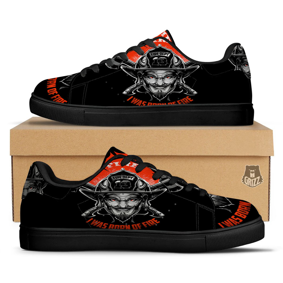 Devil Firefighter Print Black Low Top Sneakers-grizzshop