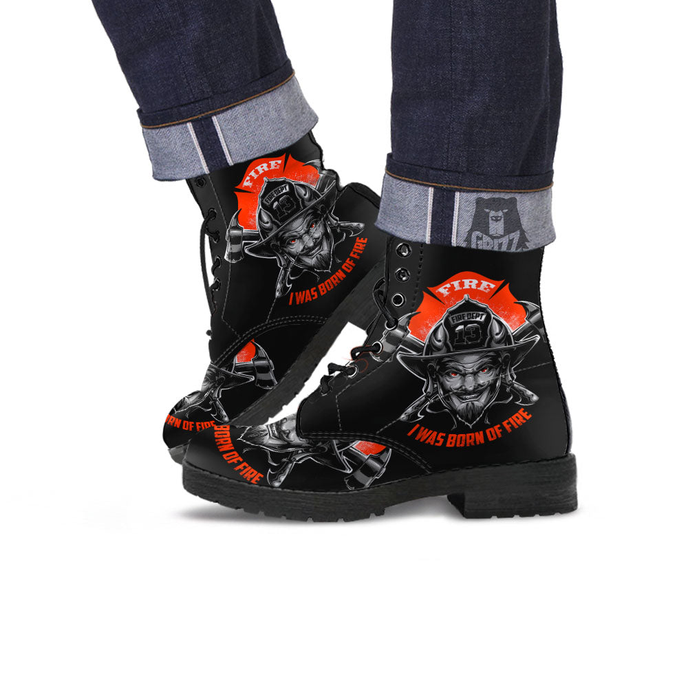 Devil Firefighter Print Leather Boots-grizzshop