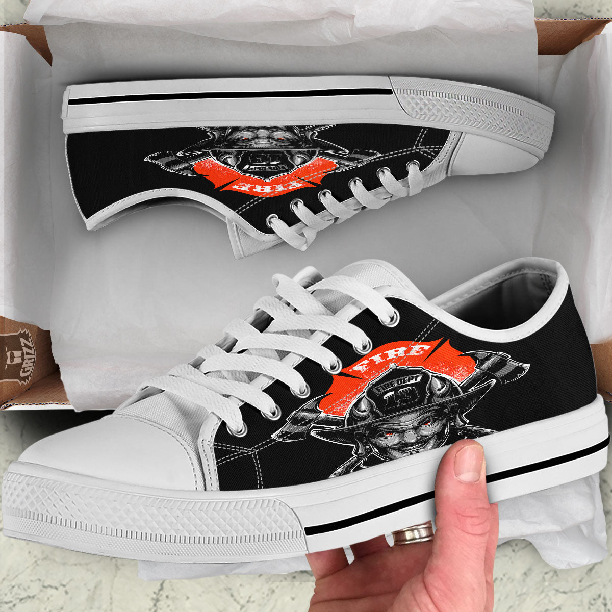 Devil Firefighter Print White Low Top Shoes-grizzshop