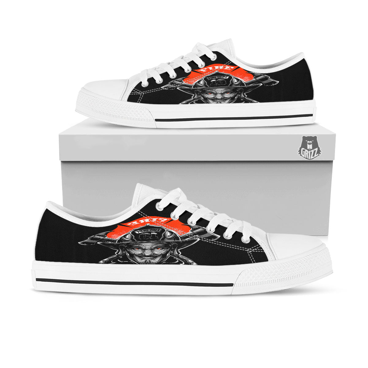 Devil Firefighter Print White Low Top Shoes-grizzshop